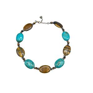 Turquoise & Tiger Eye Necklace Beaded Single Strand Genuine Semi Precious Stones